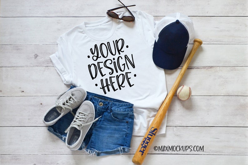 White t-shirt baseball Mockup, Bella Canvas unisex women, flatlay, blank tshirt, styled shirt photography, hat shorts bat summer, download image 1