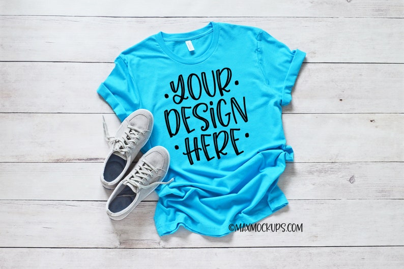 Turquoise t-shirt Mockup, Bella Canvas 3001, flatlay, blank tshirt display, styled stock photography, unisex, women, instant download image 1