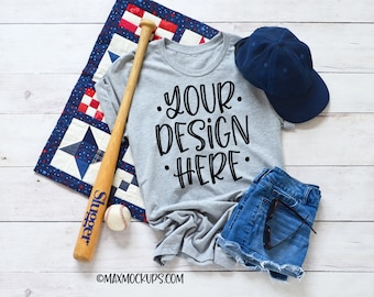 Gray t-shirt baseball mockup, Bella Canvas, unisex women, flatlay, blank tshirt, styled shirt photography, hat shorts bat summer, download