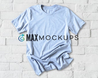 Gray t-shirt MOCKUP, short sleeve blank shirt flatlay product display, Bella Canvas unisex, men, women, brick background, download