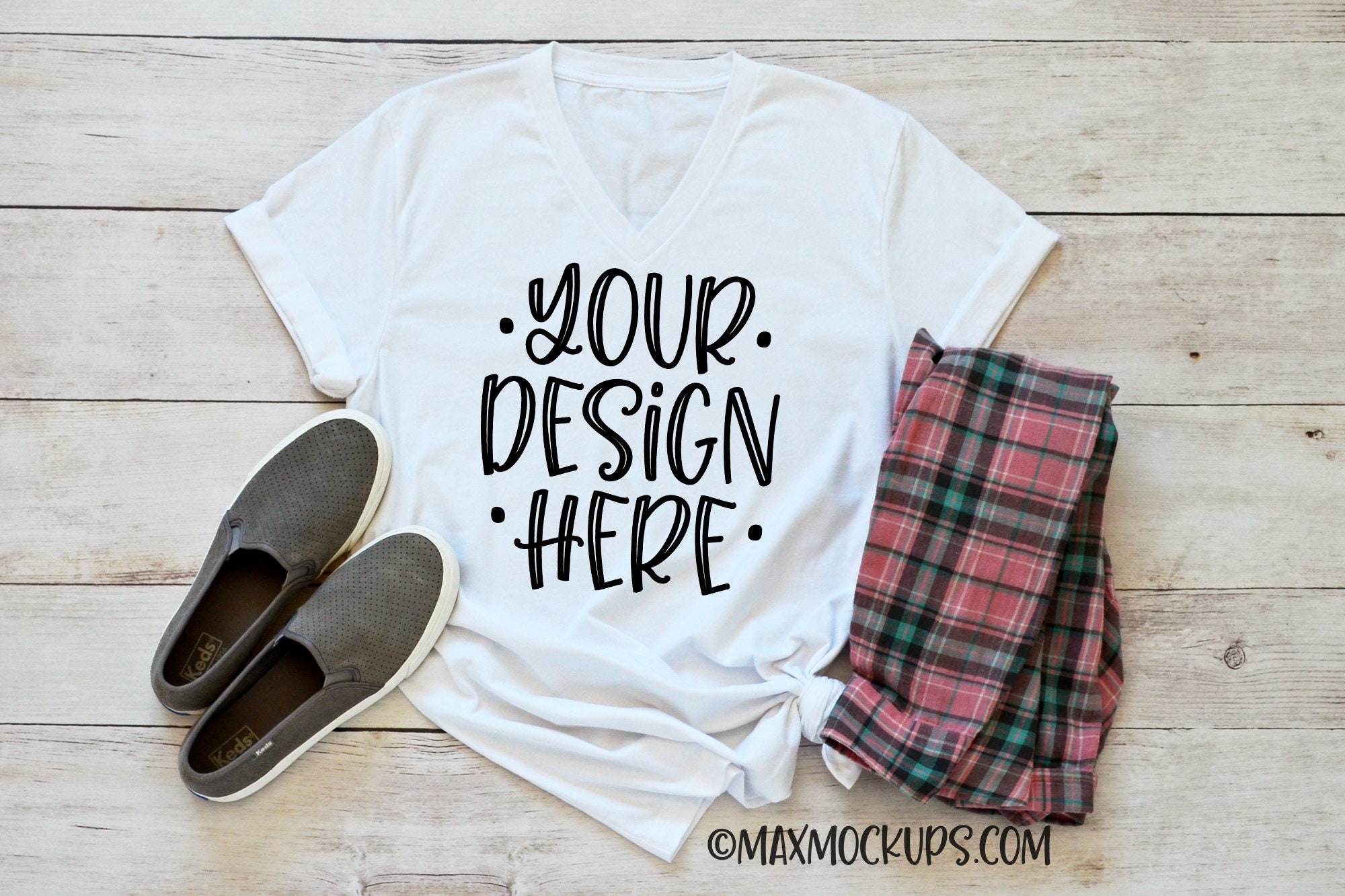 Download White t-shirt MOCKUP blank shirt shoes and plaid flatlay ...