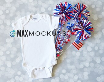Baby bodysuit MOCKUP, Patriotic July 4th, flatlay, infant blank display, red white and blue, styled stock photography, download