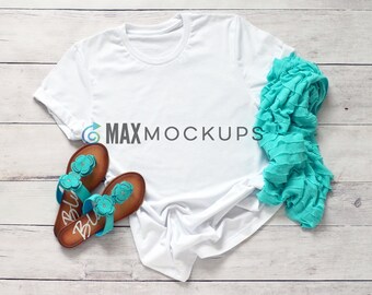 White t-shirt MOCKUP, flatlay, blank tshirt, styled shirt photography mockup, Bella Canvas 3001, Unisex, sandals scarf jeans, download