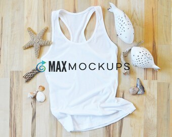 White Tank Top MOCKUP, summer beach shells, Racerback flatlay, shirt display, tank top, styled stock photography, instant download