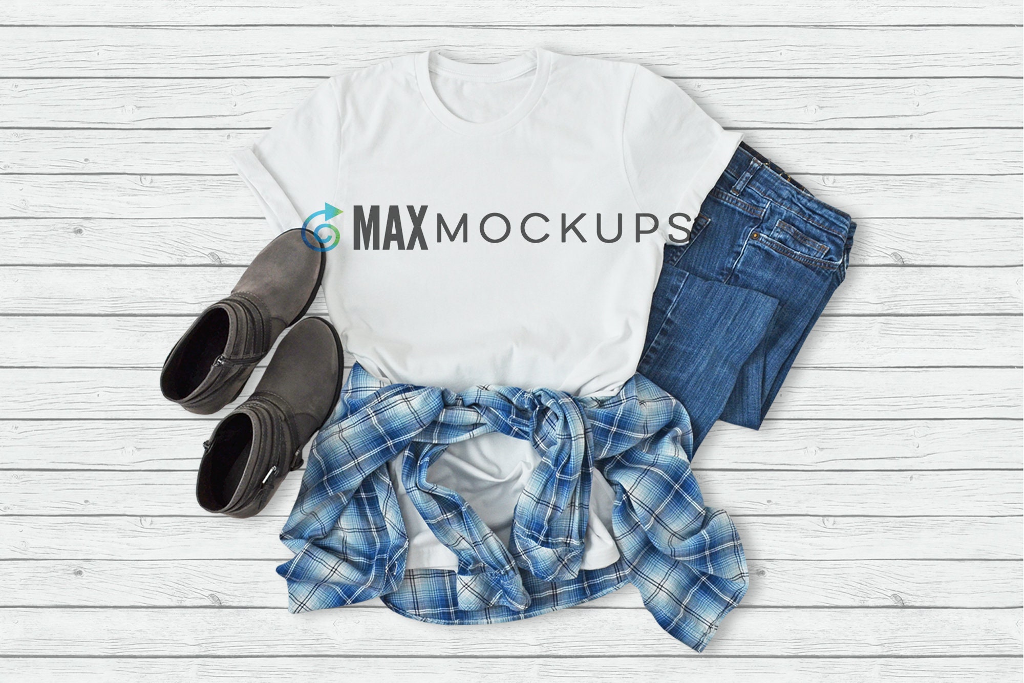 Download White t-shirt MOCKUP plaid flannel boots jeans blank shirt ...