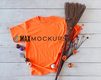 Orange shirt MOCKUP, Halloween broom decorations, fall, shirt flatlay display, styled shirt photography, women mens teen kid, digital