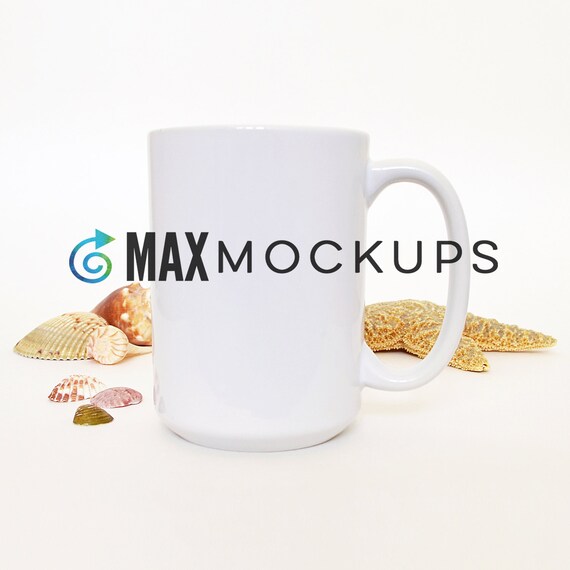 White Mug Mockup 15 Oz Blank Coffee Cup Mock Up Seashells Etsy