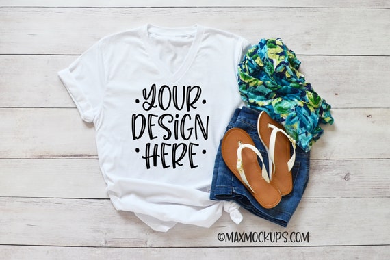 White T Shirt Mock Up Bella 3005 Blank Vneck Shirt Flatlay Etsy