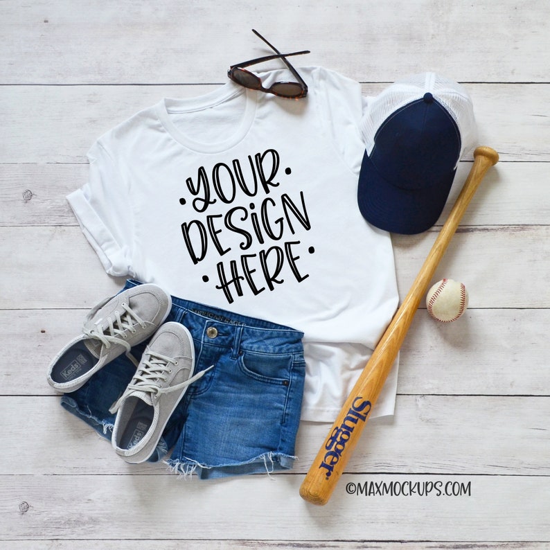 White t-shirt baseball Mockup, Bella Canvas unisex women, flatlay, blank tshirt, styled shirt photography, hat shorts bat summer, download image 2