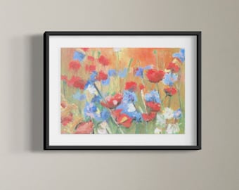 Landscape Floral Oil Pastel, Custom Original Artwork, Giclee Print, Flower Painting, Oil Pastel Art, Wildflowers, Wall Art, Nursery,