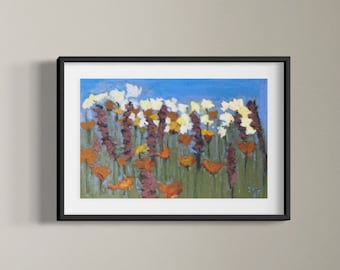 Landscape Floral Oil Pastel, Custom Original Artwork, Giclee Print, Flower Painting, Oil Pastel Art, Wildflowers, Wall Art, Nursery,