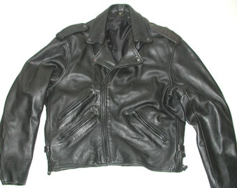 Men's Black Leather Motorcycle Biker Jacket, Sz 46
