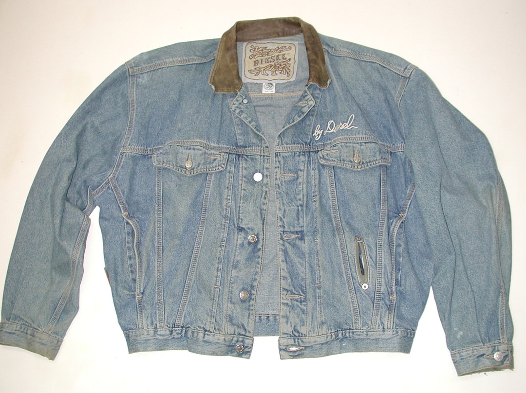 Vintage 1980 DIESEL Men's Motorcycle Denim Jacket, Leather Collar
