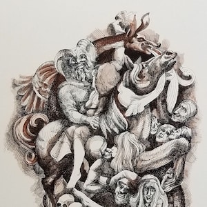 Op de afbeelding: Een zwart-witte inkttekening van een fantastische scène met een gehoornde figuur die een gevleugeld wezen berijdt. De scène is gevuld met andere figuren, waaronder een vrouw met lang haar, een slang en schedels.