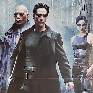 Póster vintage original de Matrix, la emocionante epopeya de ciencia ficción de los Wachowski con Keanu Reeves, Carrie-Anne Moss y Laurence Fishburne