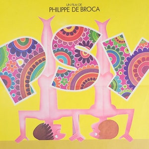 May include: A vintage film poster for the movie "Psy" starring Patrick Dewaere and Anny Duperey. The poster features a colourful psychedelic design with two figures in a yoga pose.