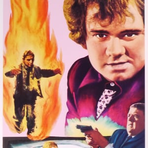May include: A movie poster for the film "Jigsaw" starring an Academy Award nominee for "Bonnie and Clyde". The poster features a man in a pink shirt holding a gun, a woman lying in a bathtub, and a man on fire.