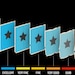 May include: A visual guide to grading the condition of a collectible item, with a star icon on a blue background. The condition ranges from Mint to Poor, with each condition represented by a different shade of blue and a corresponding star icon.