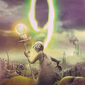 May include: A rag doll character with large eyes and a light brown body holds a light bulb on a stick. The doll is standing in a post-apocalyptic landscape with a large green number nine in the background.