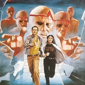 May include: A poster for a horror film featuring a man and a woman running away from a group of people with bloody faces. The faces are cracked and broken, and the people are reaching out with bloody hands.