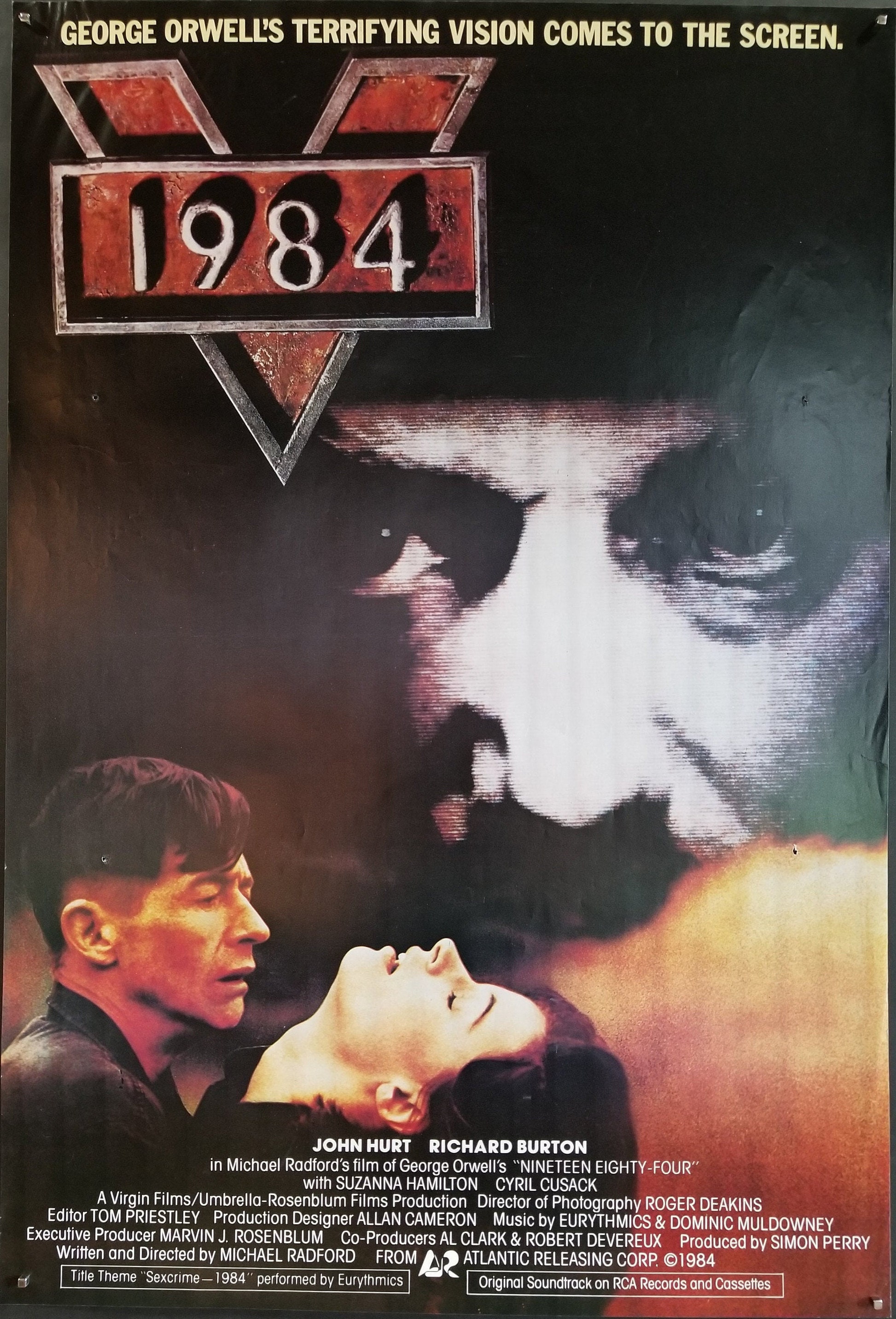 1984 - Un poster originale del film d'epoca dell'adattamento di Michael Radford del thriller distopico di George Orwell con John Hurt e Richard Burton