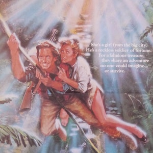 Romancing the Stone-An Original Vintage Movie Poster dell&#39;avventura romantica con Michael Douglas, Kathleen Turner e Danny DeVito