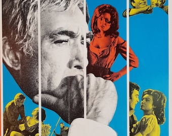 Può includere: Un poster di un film vintage con un collage di immagini. Il poster presenta un uomo con un'espressione seria, una donna in un vestito rosso e una coppia che si abbraccia. Il poster è in stile retrò con colori vivaci e design grafico.