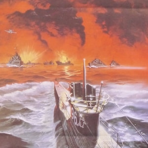 May include: A black submarine with the number 96 painted on the side, breaking through the surface of the water. The submarine is in the foreground of the image, with a fiery orange sky and several ships in the background.