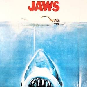 JAWS-An Original Vintage Movie Poster for Steven Spielberg&#39;s Iconic Great White Thriller with Roy Scheider, Richard Dreyfuss and Robert Shaw
