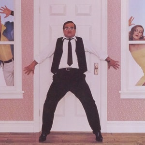Vecinos: un póster de película vintage original de la sátira absurda y surrealista de John Berger con John Belushi, Dan Aykroyd y Cathy Moriarty.