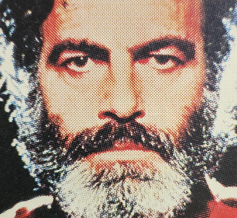 Może przedstawiać: Zbliżenie twarzy mężczyzny z brodą i wąsami. Jego oczy patrzą prosto w kamerę. Obraz jest w stylu vintage.