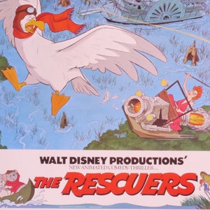 The Rescuers: un póster original de película vintage para la aventura animada de Disney con Bob Newhart, Eva Gabor y Louisiana Bayou