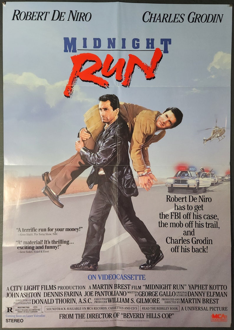 Midnight Run-An Original Vintage Home Video Movie Poster of Martin Brests Hilarious Action Comedy with Robert De Niro, Charles Grodin, Yaphet Kotto, Dennis Farina, and Joe Pantoliano.