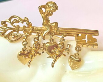 Vintage Silver Heart Star Bar Charm Chatelaine Brooch Pin