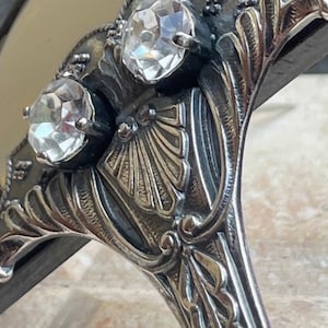 Huge ERMANI BULATTI signed elite designer Art Deco stylized, embossed,antiqued,silver toned, natural horn,tasseled Swarovski crystal brooch