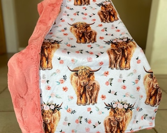 The Peach Spring Floral Highland Cow Blanket