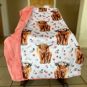 The Peach Spring Floral Highland Cow Blanket