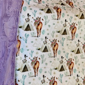 White Boho Horse Minky Blanket // Horse Teepee Aztec Blanket, Western Cowgirl, Horse Crazy Girl, Equestrian Gift, Horse Decor, Boho Baby