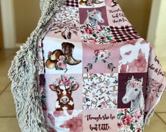 Farm Girl Pink Patchwork Minky Blanket // Cow Horse Blanket, Little But Fierce, Pink Patchwork Baby, Baby Girl Quilt, Farm Animal Minky