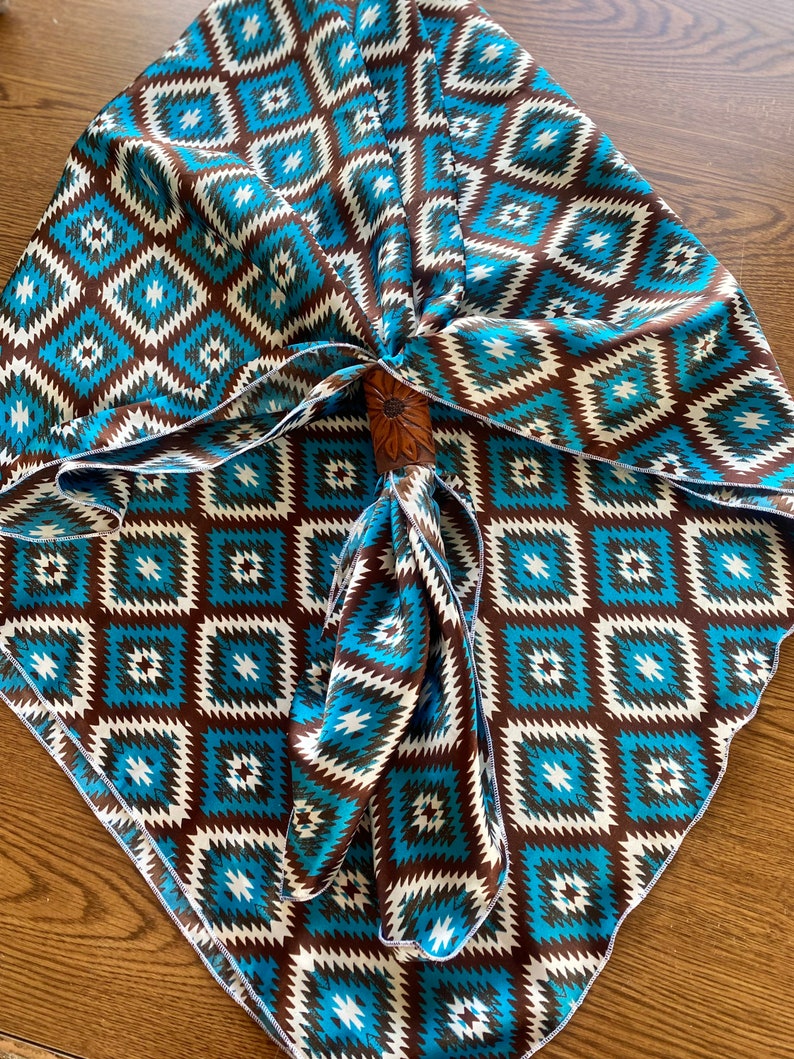 The Aztec Silky Charmeuse Wild Rag // Red Aztec Wild Rag, Blue Aztec Wild Rag, Boho Wild Rag, Brown Blue Wild Rag, Cowboy Fashion, Western image 9