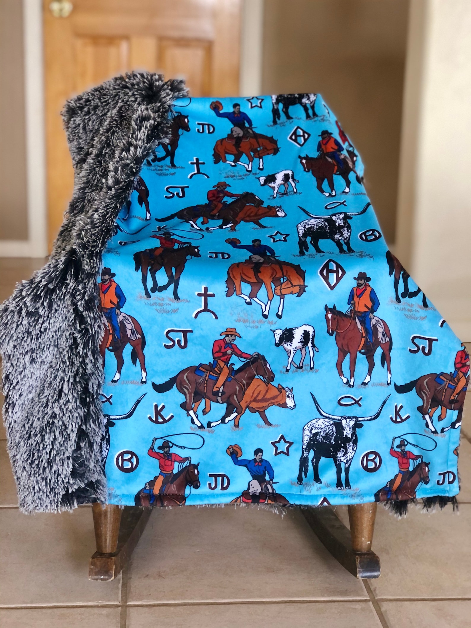 The Working Ranch Cowboy Blanket on Blue Minky Etsy