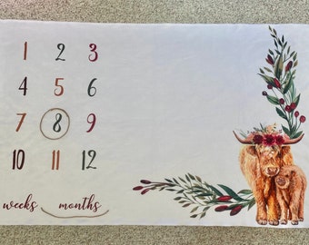 Floral Highland Cow Milestone Blanket
