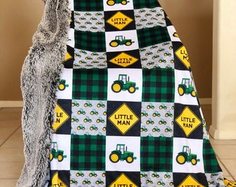 Little Man Tractor Patchwork Minky Blanket