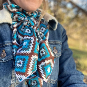 The Aztec Silky Charmeuse Wild Rag // Red Aztec Wild Rag, Blue Aztec Wild Rag, Boho Wild Rag, Brown Blue Wild Rag, Cowboy Fashion, Western image 5