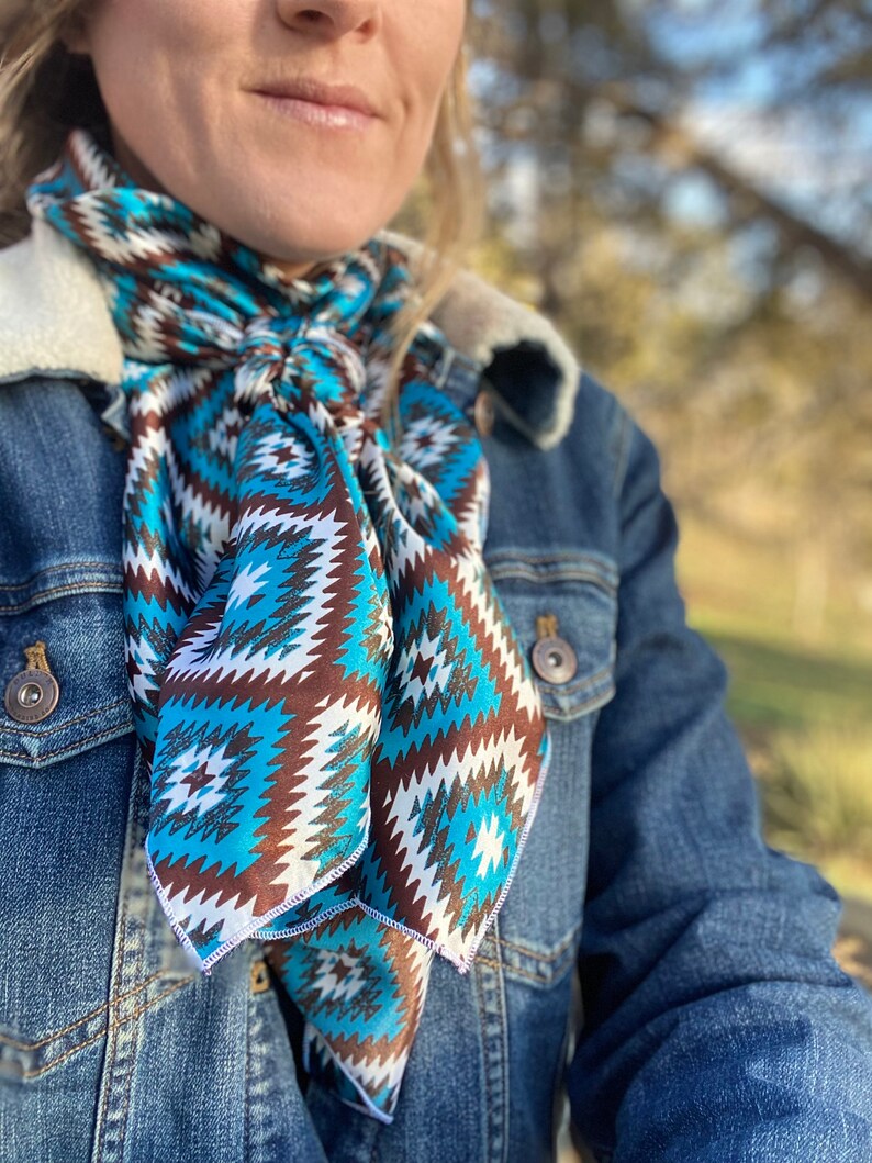 The Aztec Silky Charmeuse Wild Rag // Red Aztec Wild Rag, Blue Aztec Wild Rag, Boho Wild Rag, Brown Blue Wild Rag, Cowboy Fashion, Western image 5