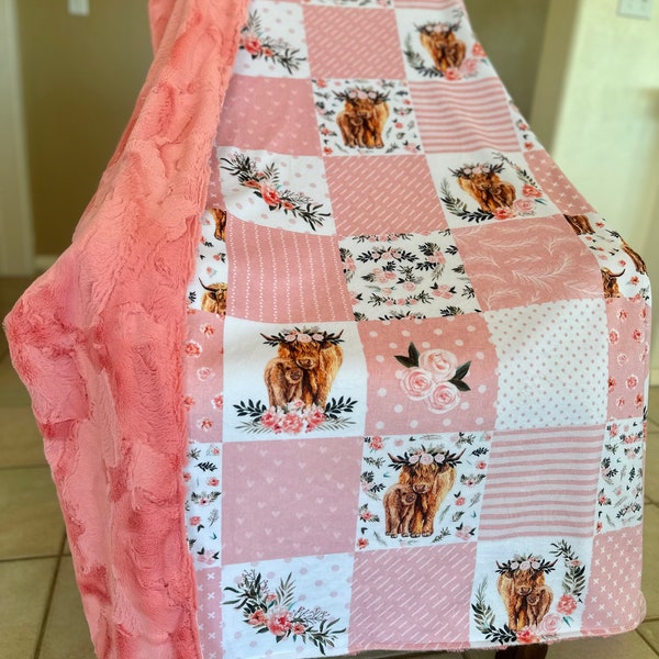 Spring Highland Cow Patchwork Quilt Minky Blanket // Highland Cow, Highlander Blanket, Cow Quilt, Farm Baby, Gift for Women, Highland Cows