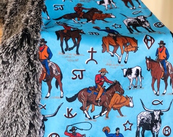 The Working Ranch Cowboy Blanket on Blue Minky