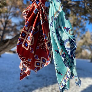 The Aztec Silky Charmeuse Wild Rag // Red Aztec Wild Rag, Blue Aztec Wild Rag, Boho Wild Rag, Brown Blue Wild Rag, Cowboy Fashion, Western image 8