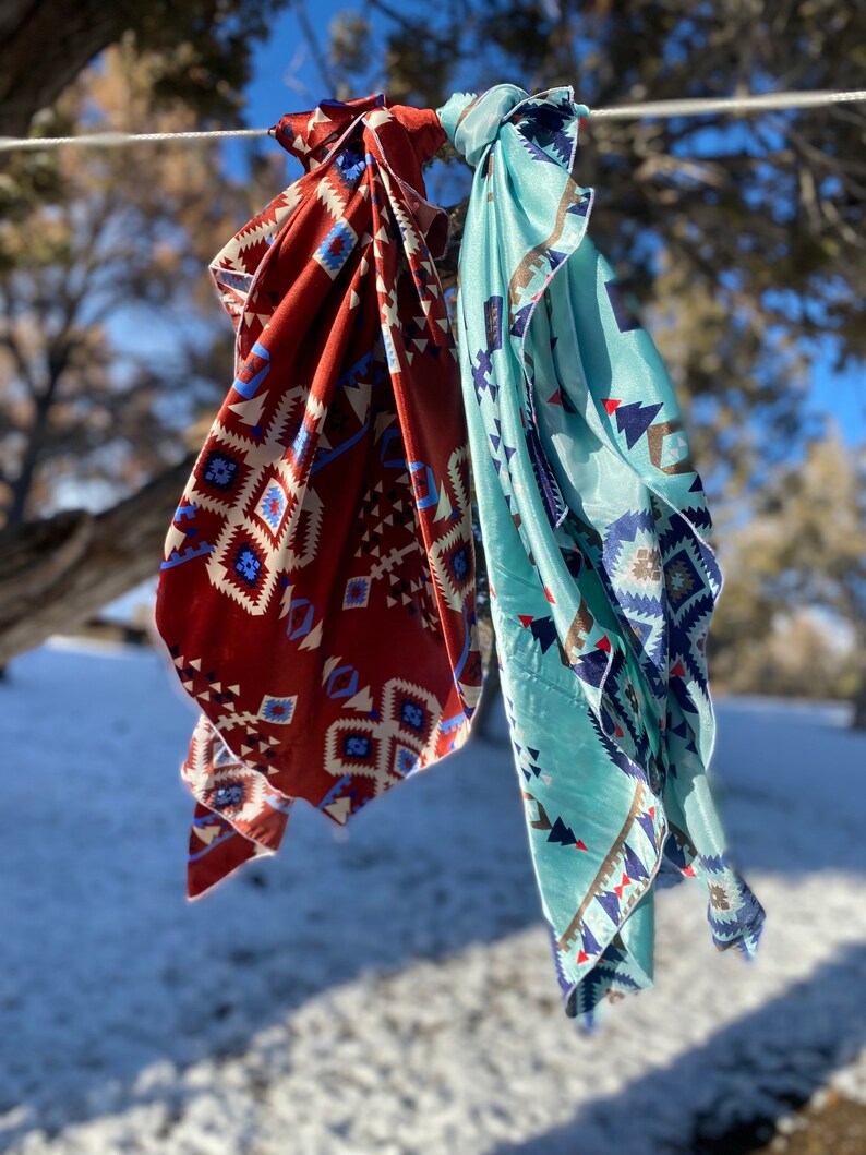 The Aztec Silky Charmeuse Wild Rag // Red Aztec Wild Rag, Blue Aztec Wild Rag, Boho Wild Rag, Brown Blue Wild Rag, Cowboy Fashion, Western image 8