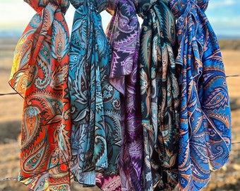 Edgy Paisley Charmeuse Satin Wild Rag // Paisley Wild Rag, Cowboy Style, Blue Paisley Wild Rag, Black Paisley Wild Rag, Paisley WildRag